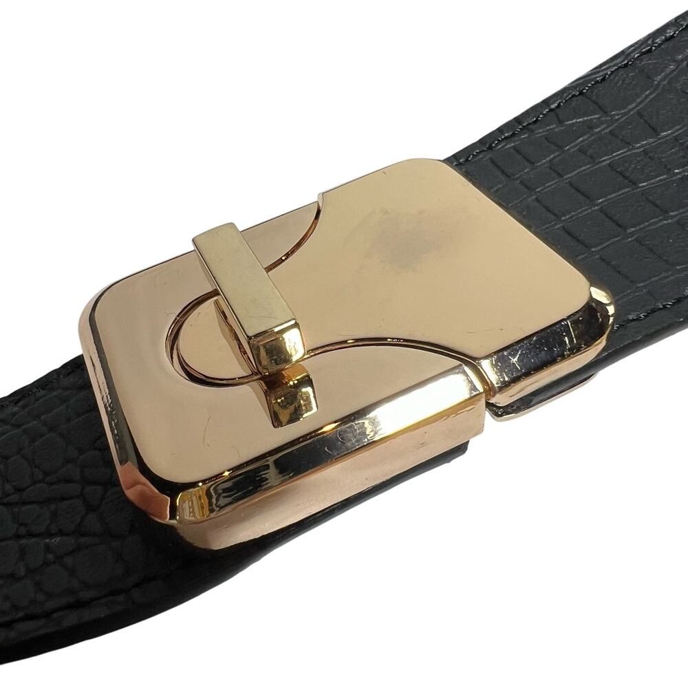 Vintage 90s Sz Small Gold Twist Lock Buckle Stretch Belt Black Faux Leather